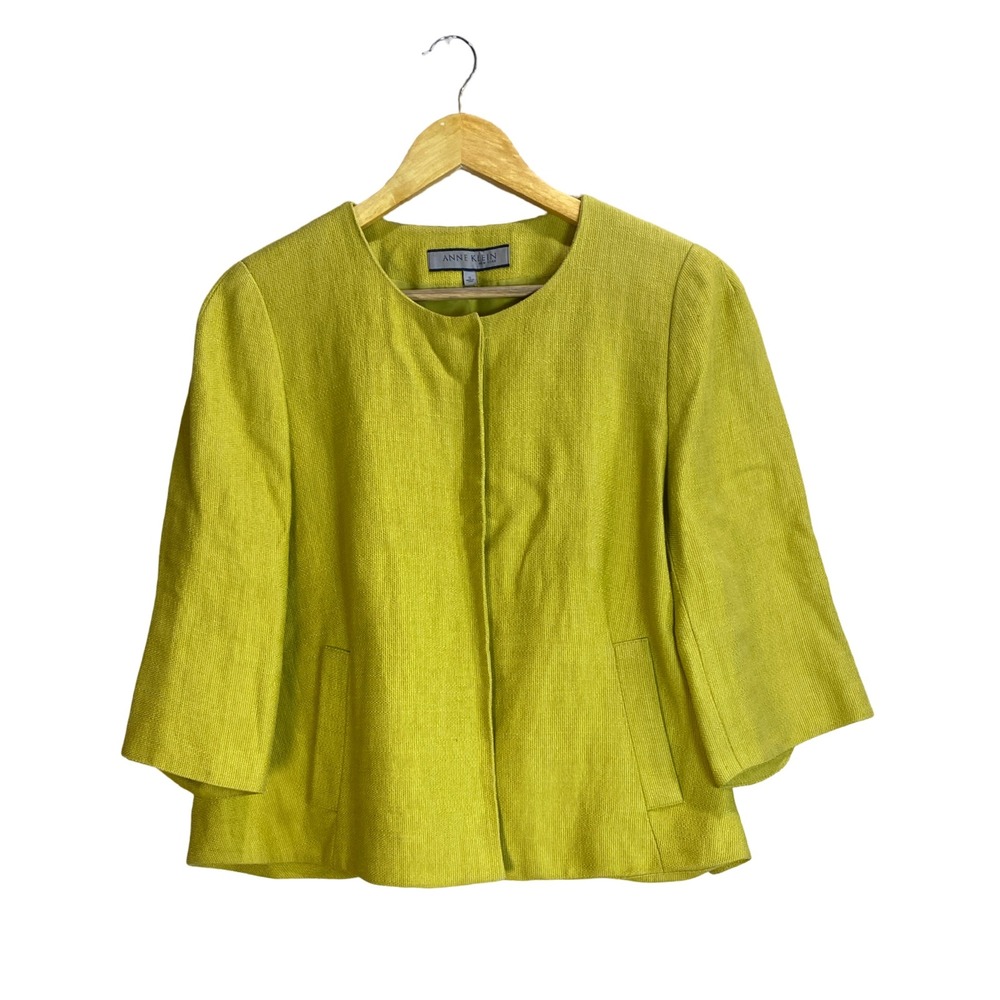 Anne Klein New York Silk Linen Blazer Chartreuse Lime Green Pleated Jacket 12